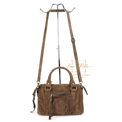 Small Suede Top Handle Crossbody Bag – Soft Genuine Leather Handbag with Detachable Strap