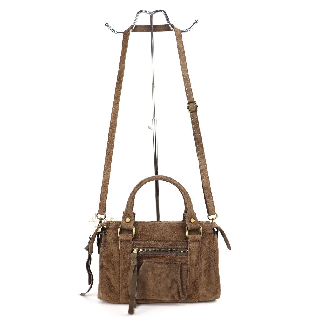 Small Suede Top Handle Crossbody Bag – Soft Genuine Leather Handbag with Detachable Strap