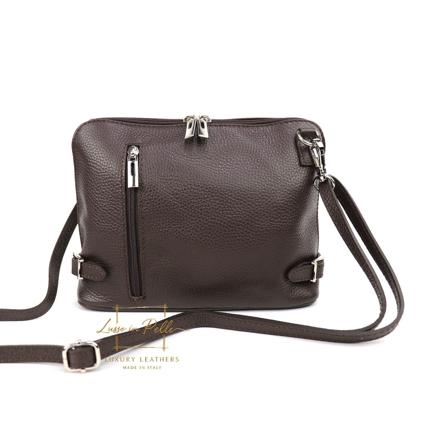 Rectangular Structured Italian Grain Leather Crossbody Bag with Adjustable Straps
