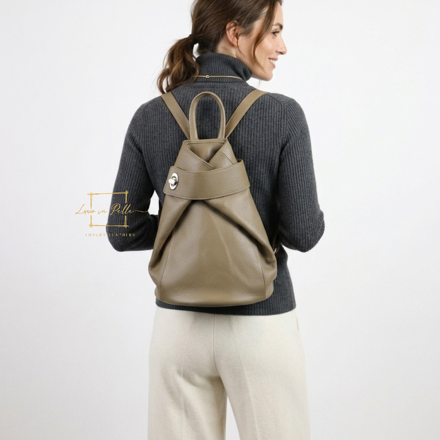 Fold-over Pebbled Leather Backpack