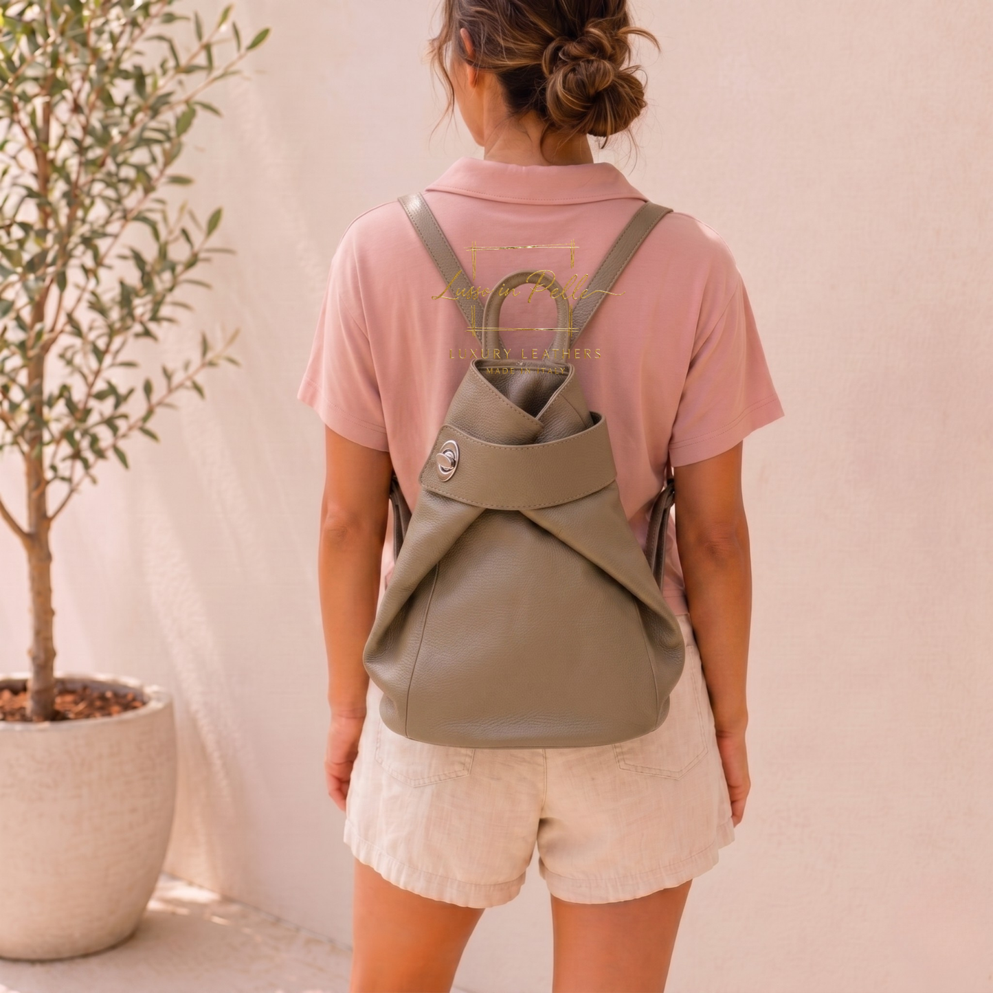 Fold-over Pebbled Leather Backpack