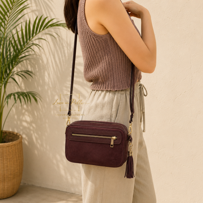 Suede Front Pebbled Leather Box Bag With Detachable/Adjustable Straps and Gold Hardware