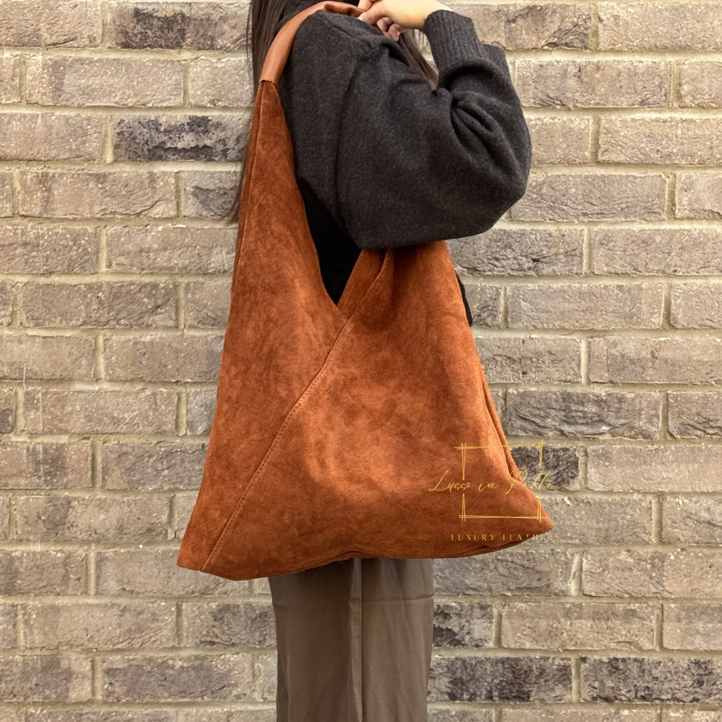 Milano Italian Suede Slouch Hobo Bag with Tan Leather Handle
