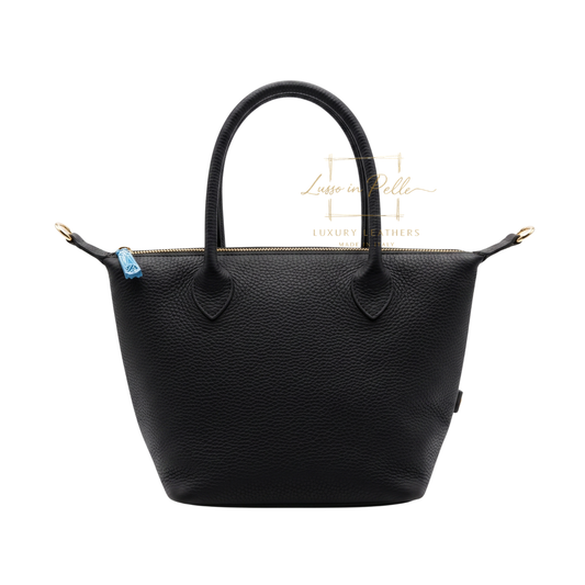 Italian Genuine Leather Tote Handbag with Rounded Top Handles and Zipper Closure