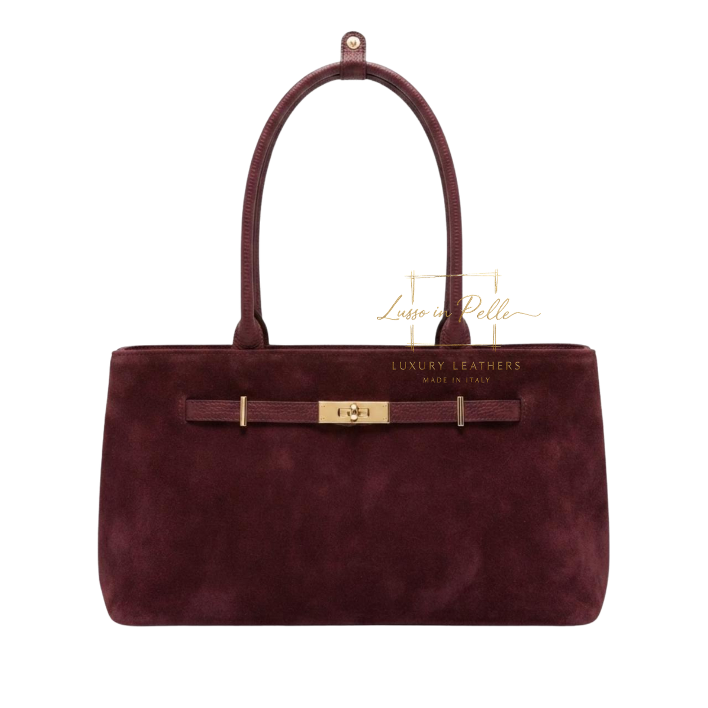 Genuine Leather Suede Shoulder Bag with Gold Turn Lock Detail