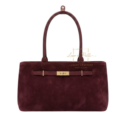 Genuine Leather Suede Shoulder Bag with Gold Turn Lock Detail