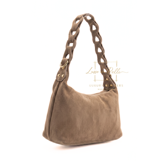 Genuine Suede Shoulder Bag with Braided Handle & Tassel Charm