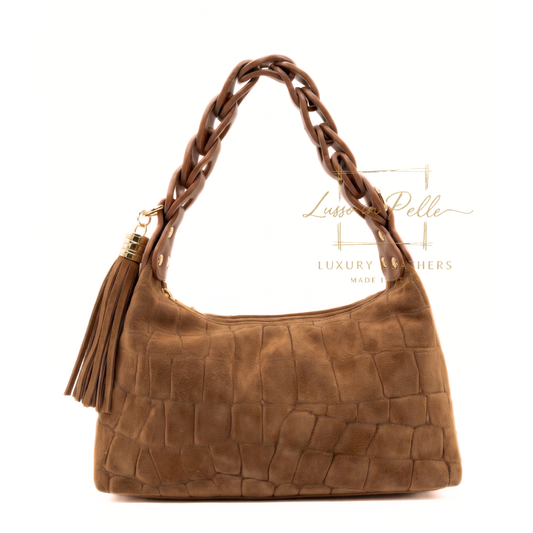 Genuine Suede Croc-Embossed Shoulder Bag with Braided Handle & Tassel Charm