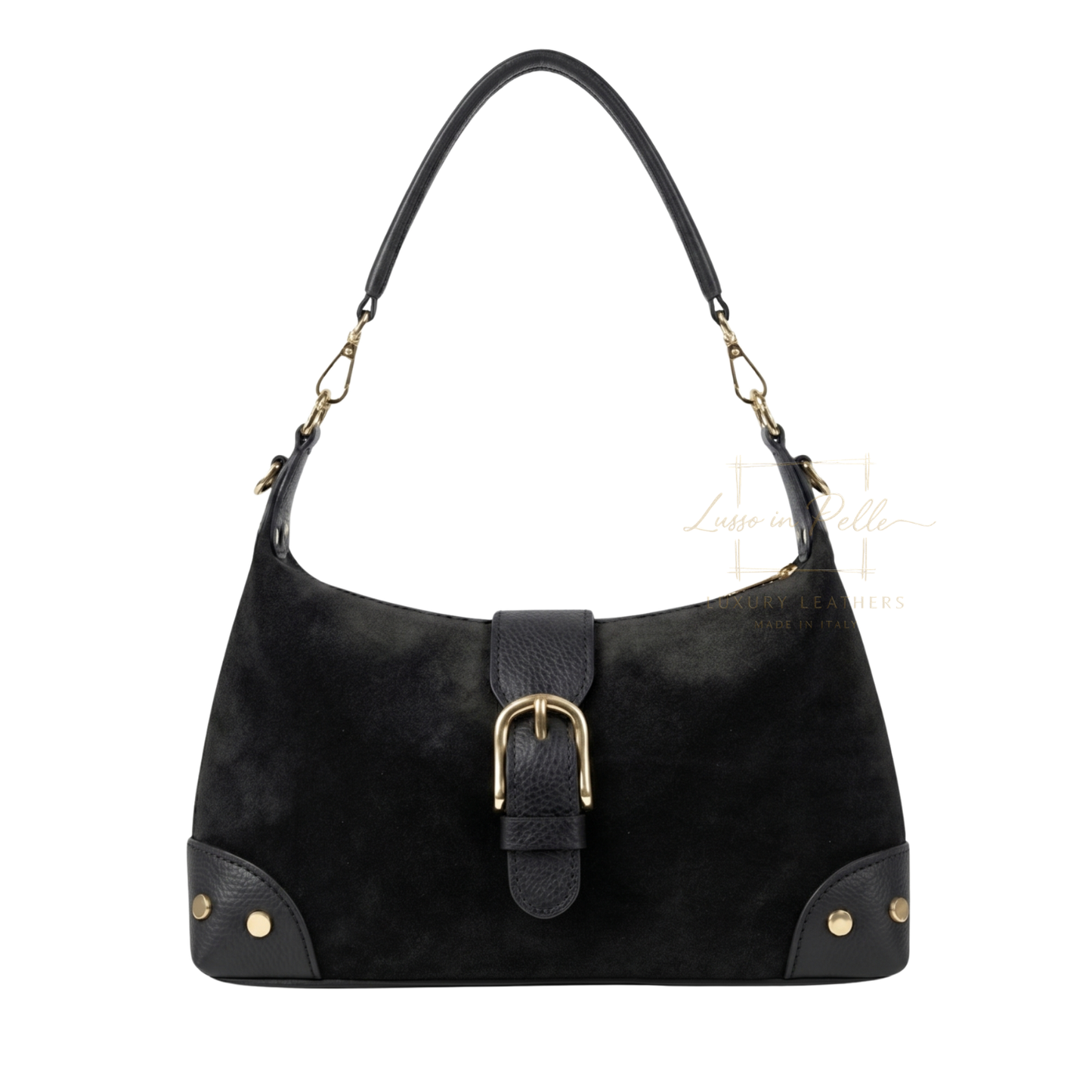 Genuine Suede & Leather Shoulder Bag with Buckle Detail