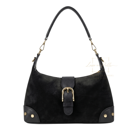 Genuine Suede & Leather Shoulder Bag with Buckle Detail
