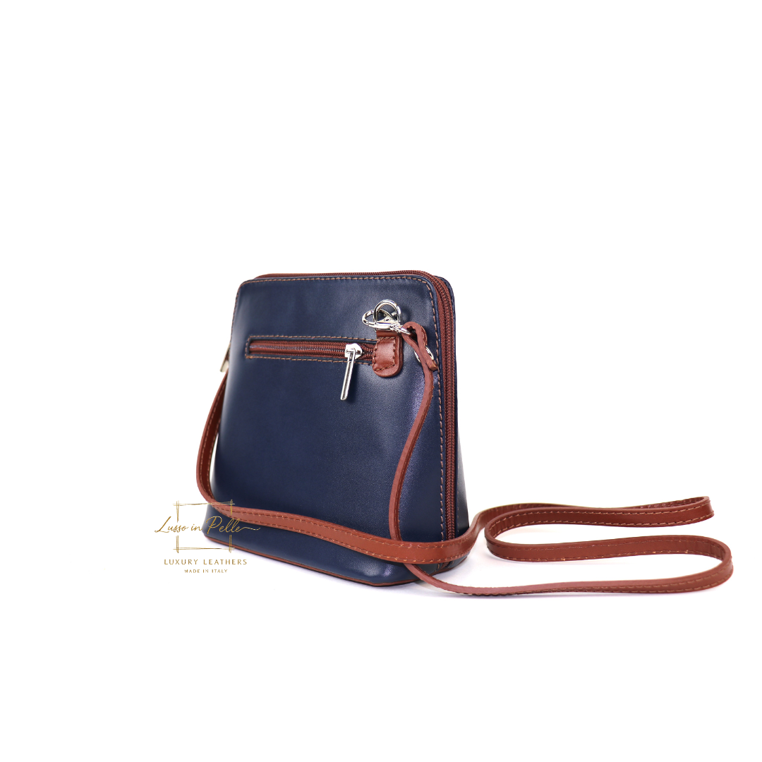 Genuine Italian Leather Handbag with Detachable Straps - Lussoinpelle Tan & Navy Crossbody bags