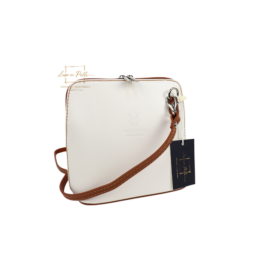 Genuine Italian Leather Handbag with Detachable Straps - Lussoinpelle Tan & Cream Crossbody bags
