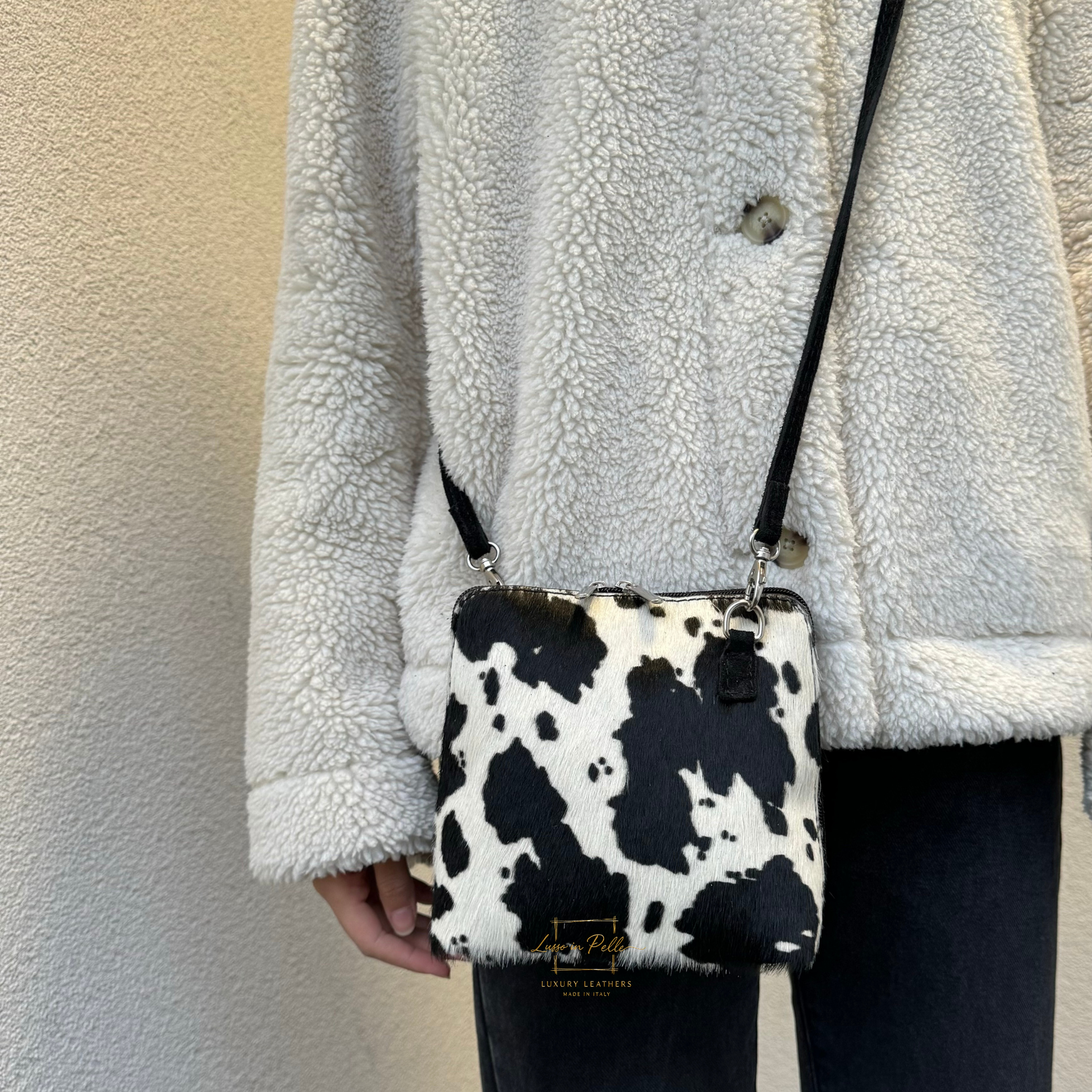 Small Animal Print Fur Suede Crossbody Bag - Lussoinpelle Cow Crossbody bags