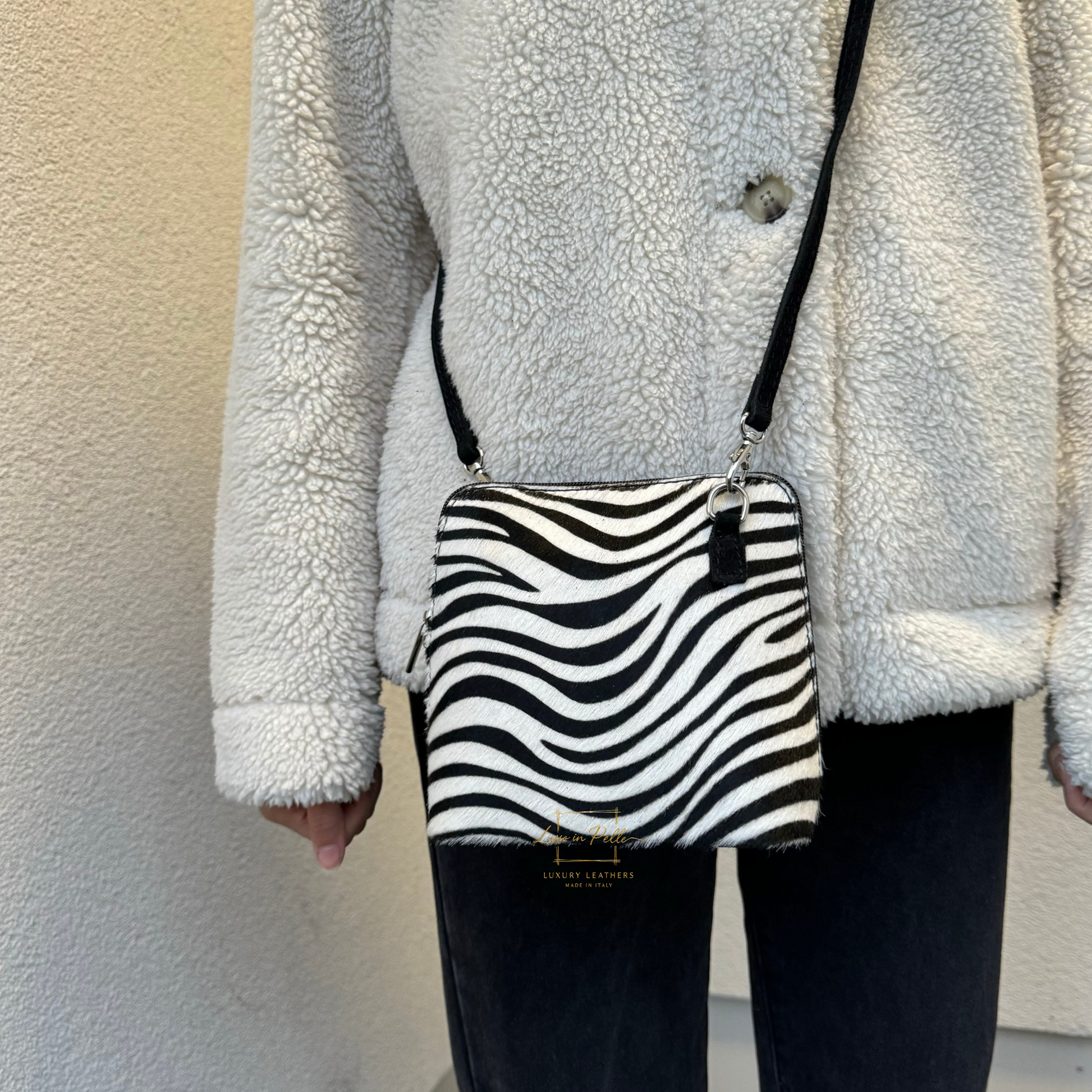 Small Animal Print Fur Suede Crossbody Bag - Lussoinpelle Zebra Crossbody bags