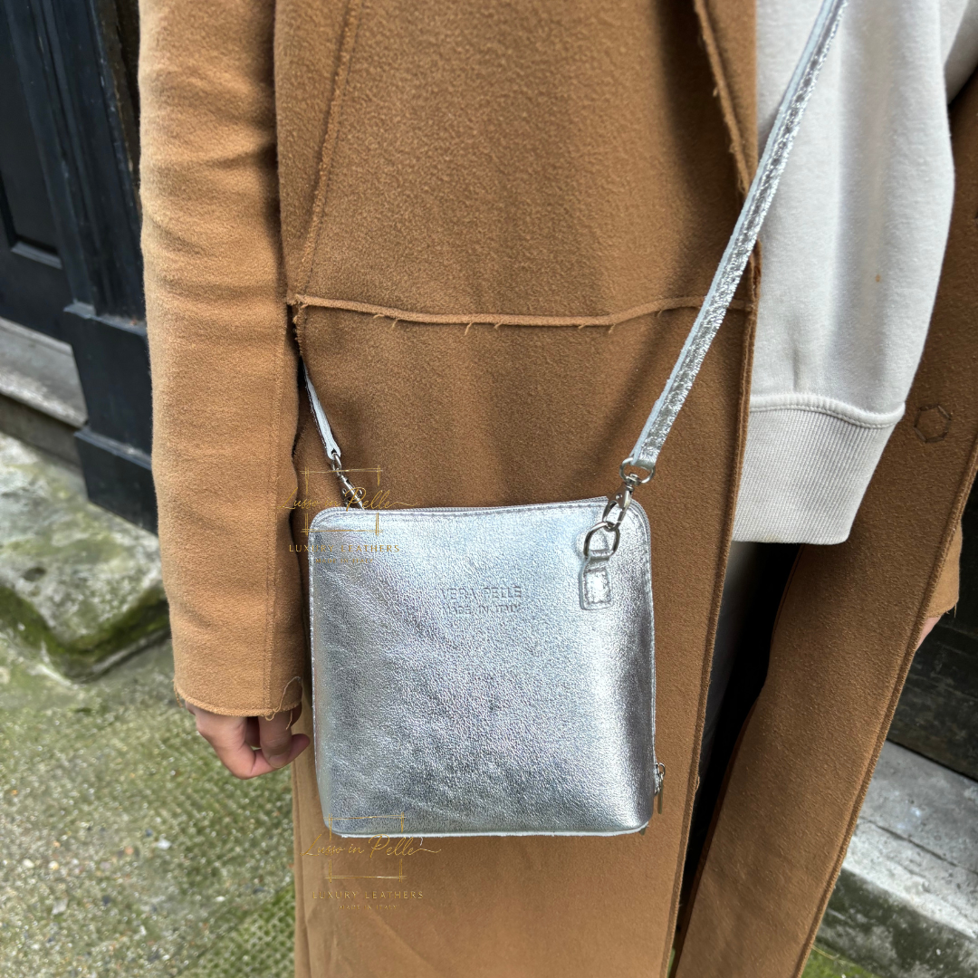 Metallic Genuine Italian Leather Handbag with Detachable Straps - Lussoinpelle Silver Crossbody bags