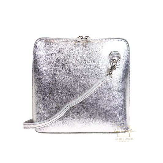 Metallic Genuine Italian Leather Handbag with Detachable Straps - Lussoinpelle Silver Crossbody bags
