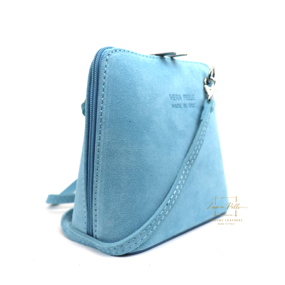 Small Suede Leather Crossbody Bag - Lussoinpelle Baby blue Crossbody bags