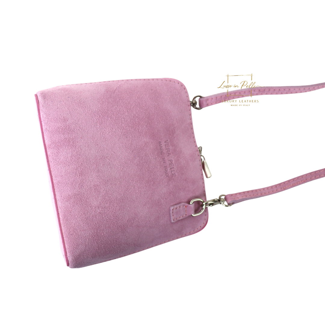 Small Suede Leather Crossbody Bag - Lussoinpelle Baby pink Crossbody bags