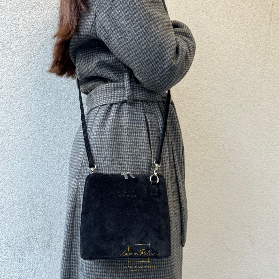 Small Suede Leather Crossbody Bag - Lussoinpelle Black Crossbody bags