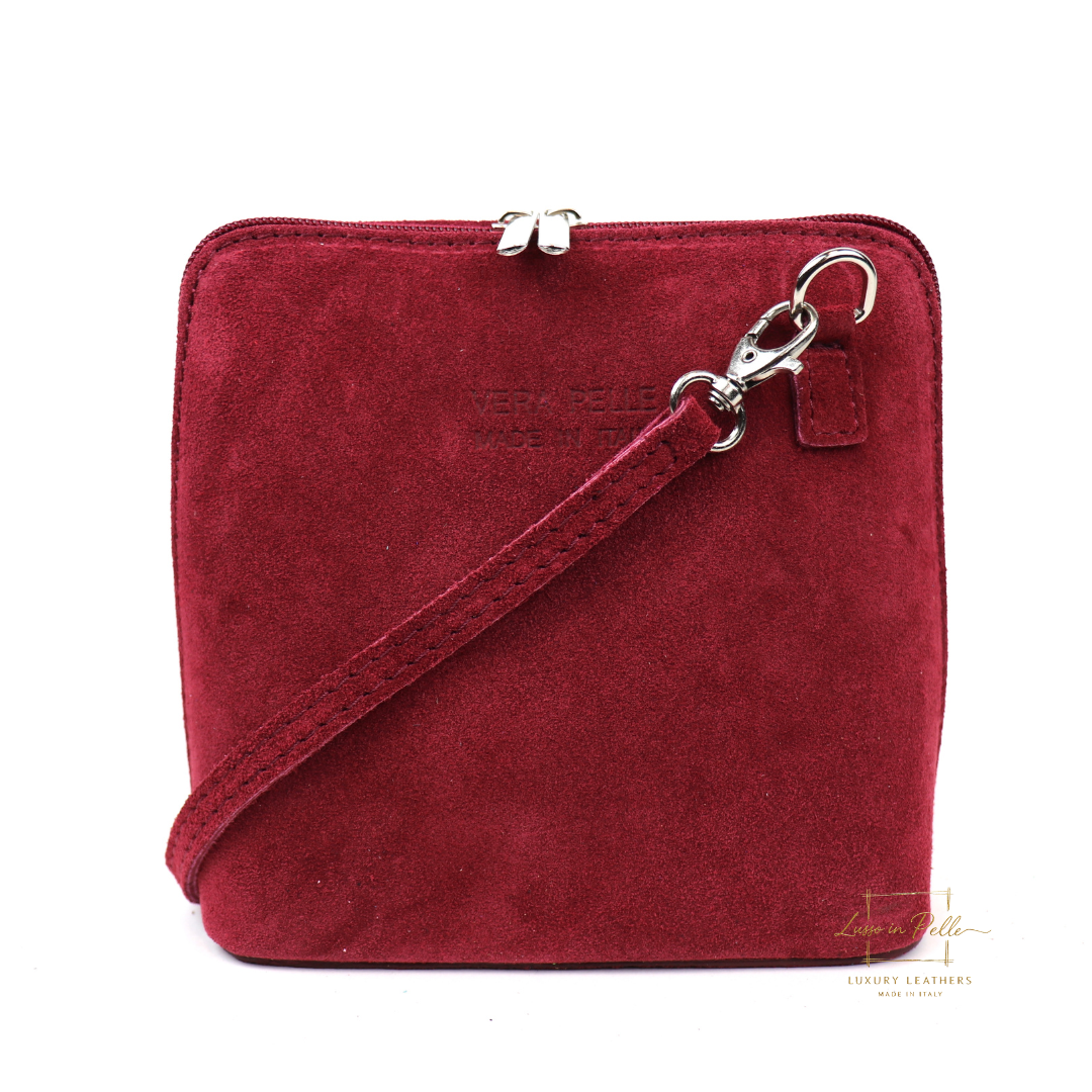 Small Suede Leather Crossbody Bag - Lussoinpelle Burgundy Crossbody bags