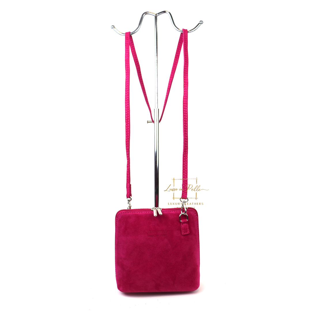 Small Suede Leather Crossbody Bag - Lussoinpelle Fuchsia Crossbody bags