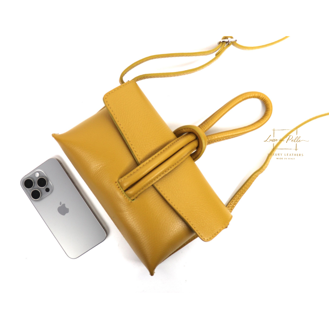 Versatile Leather Bag with Adjustable Detachable Strap - Wrist Bag - Clutch Bag - Lussoinpelle Mustard Crossbody bags
