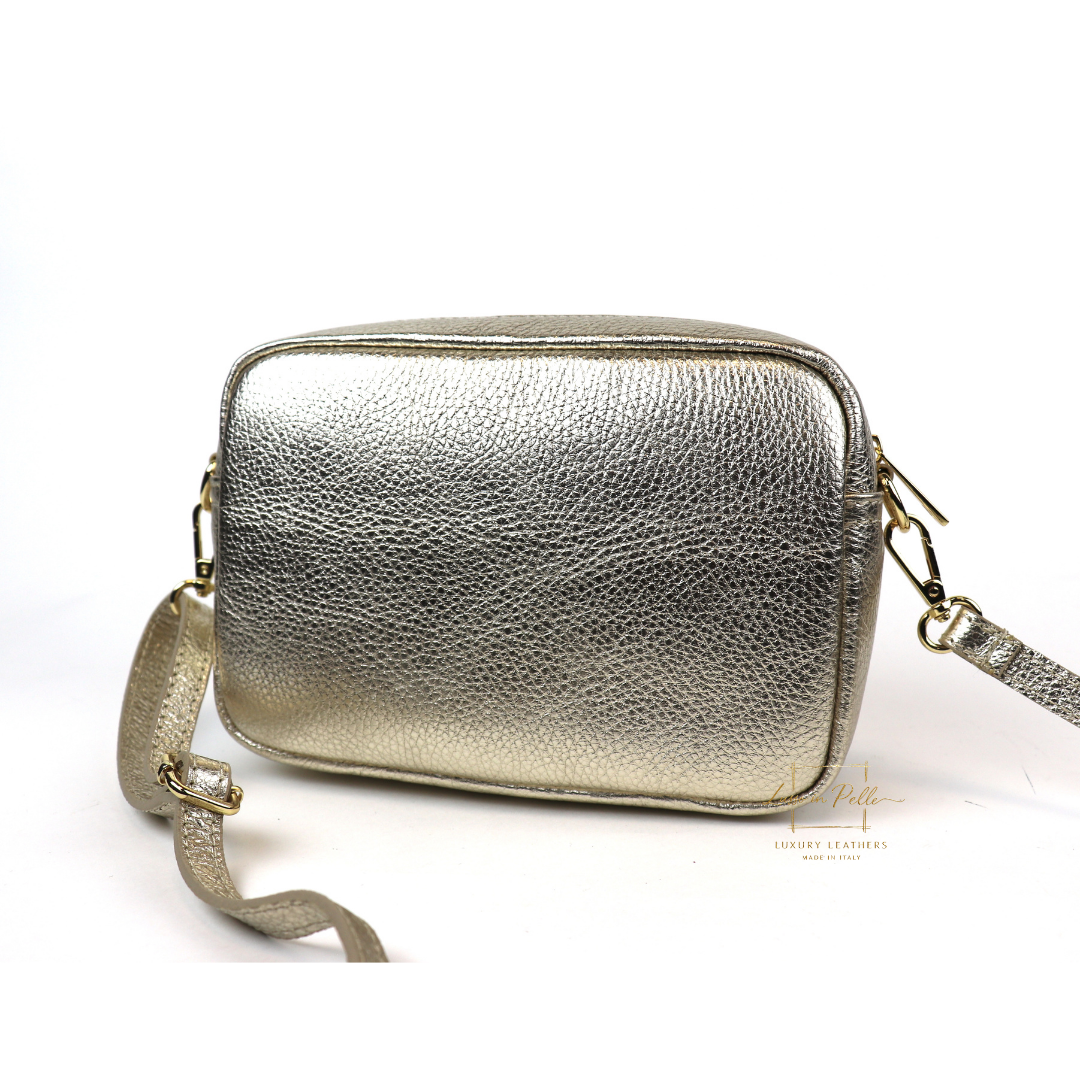 Double Zip Genuine Italian Leather Handbag - Lussoinpelle Gold Crossbody bags