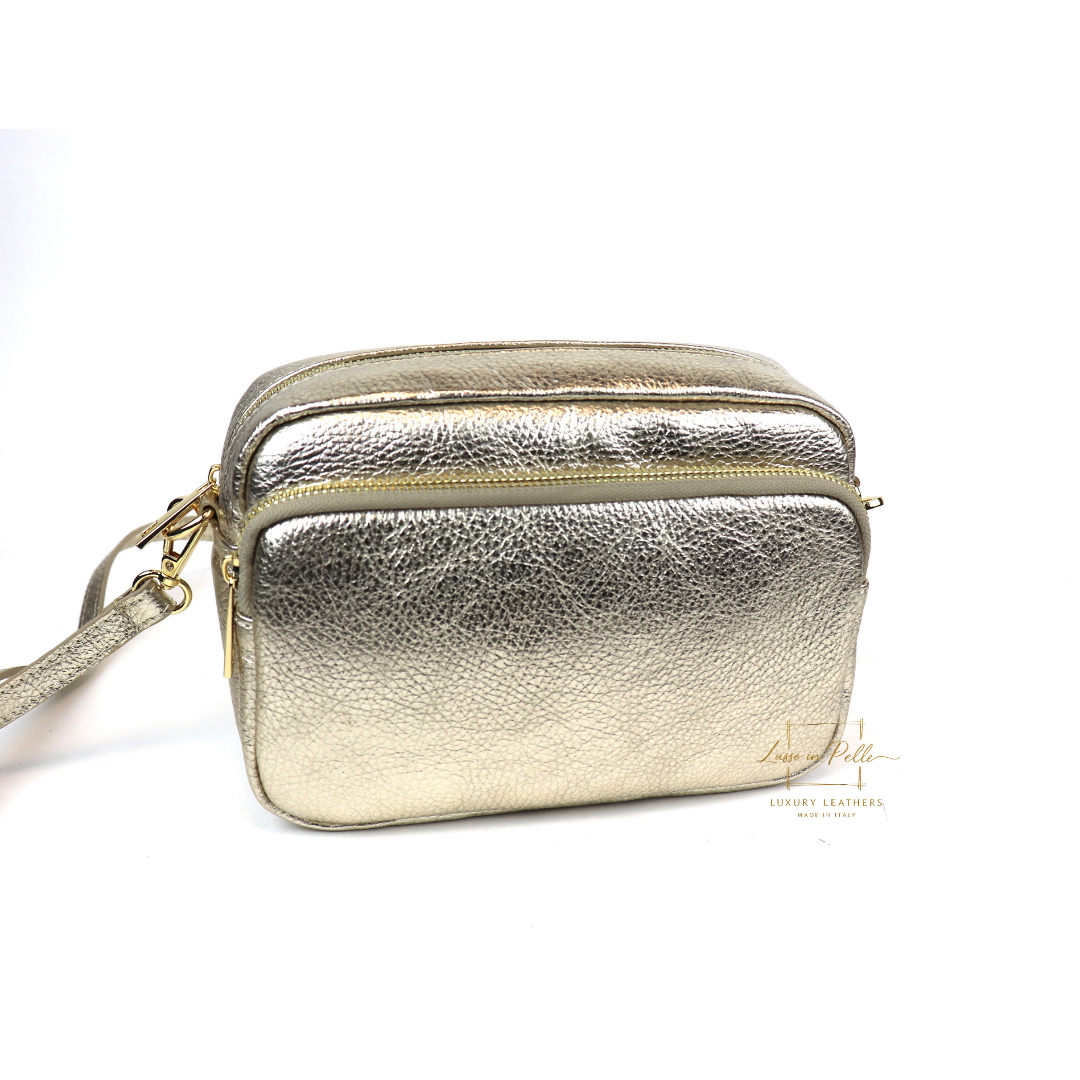 Double Zip Genuine Italian Leather Handbag - Lussoinpelle Gold Crossbody bags