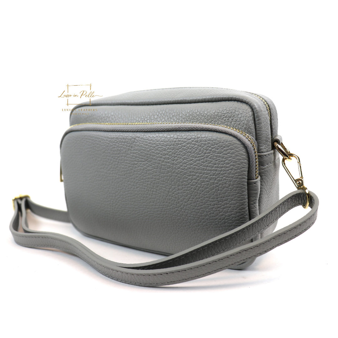 Double Zip Genuine Italian Leather Handbag - Lussoinpelle Light gray Crossbody bags