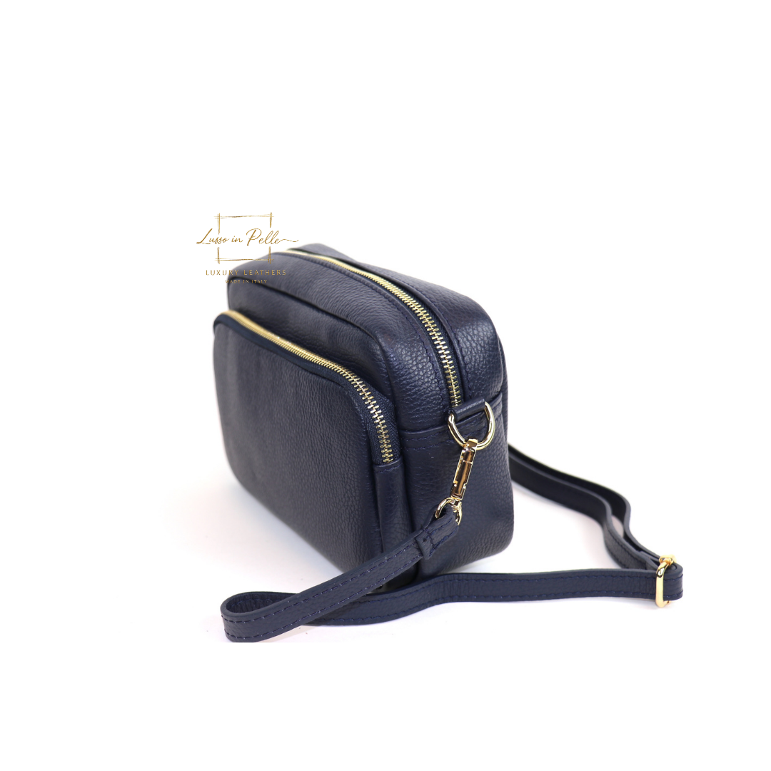 Double Zip Genuine Italian Leather Handbag - Lussoinpelle Navy Crossbody bags