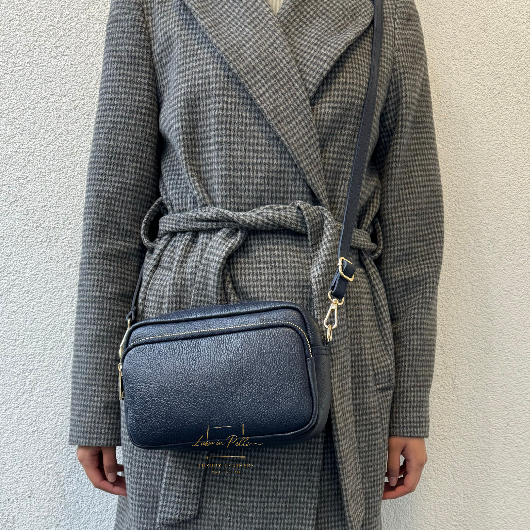 Double Zip Genuine Italian Leather Handbag - Lussoinpelle Navy Crossbody bags