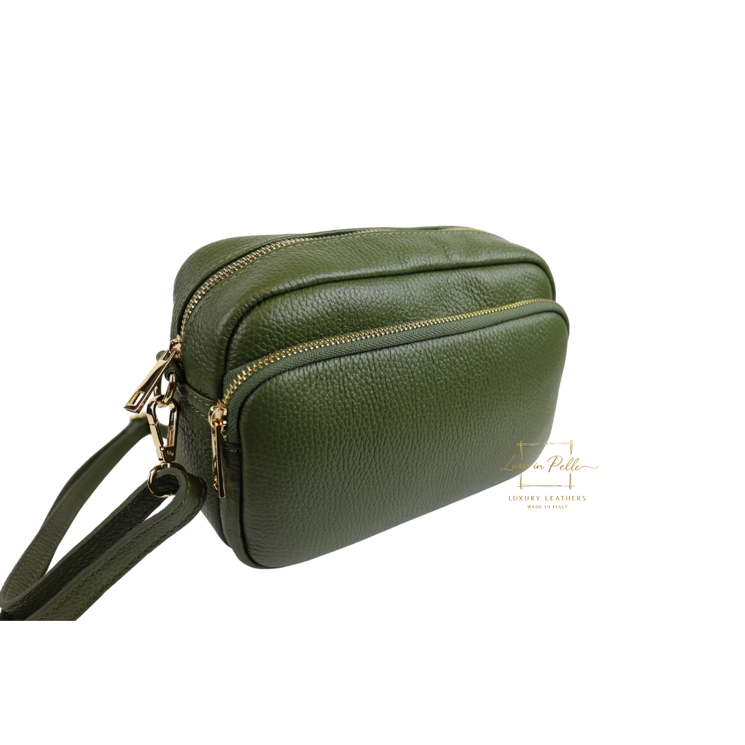 Double Zip Genuine Italian Leather Handbag - Lussoinpelle Olive Crossbody bags