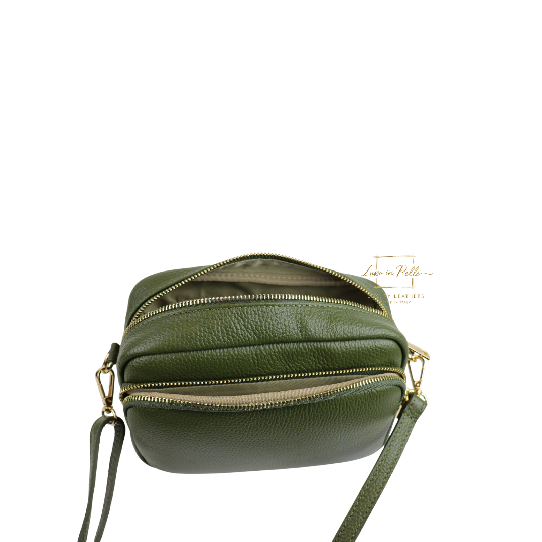 Double Zip Genuine Italian Leather Handbag - Lussoinpelle Olive Crossbody bags