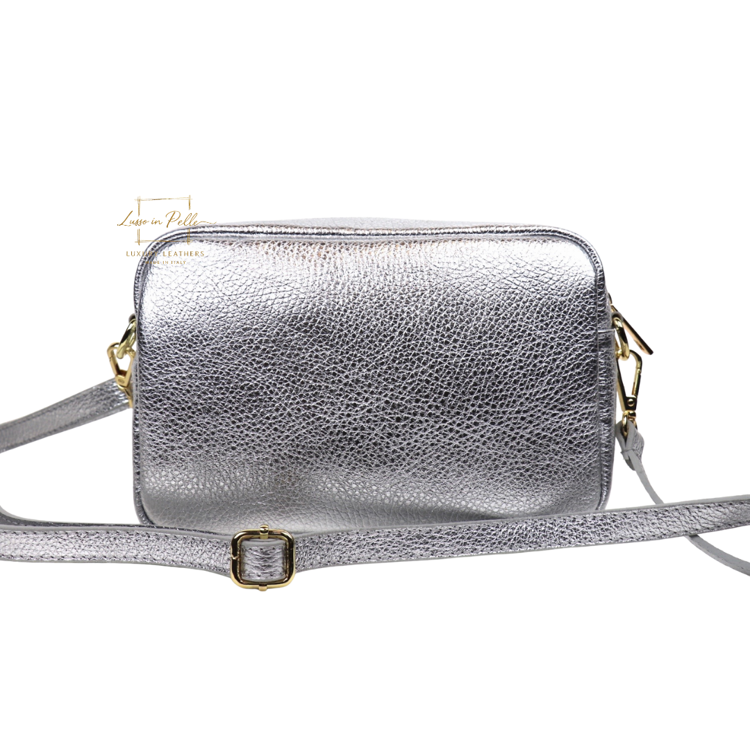 Double Zip Genuine Italian Leather Handbag - Lussoinpelle Silver  Crossbody bags