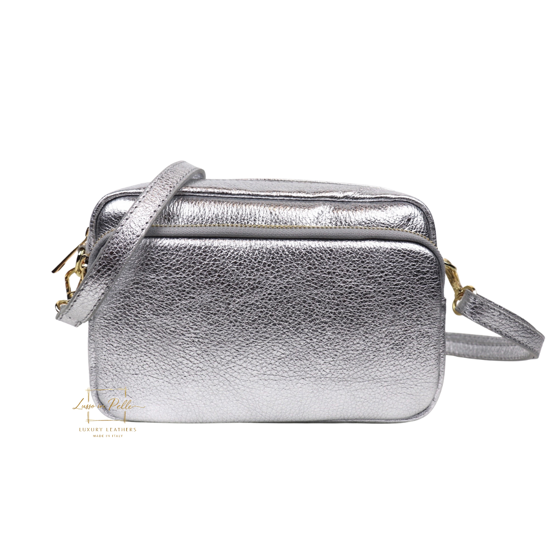 Double Zip Genuine Italian Leather Handbag - Lussoinpelle Silver  Crossbody bags