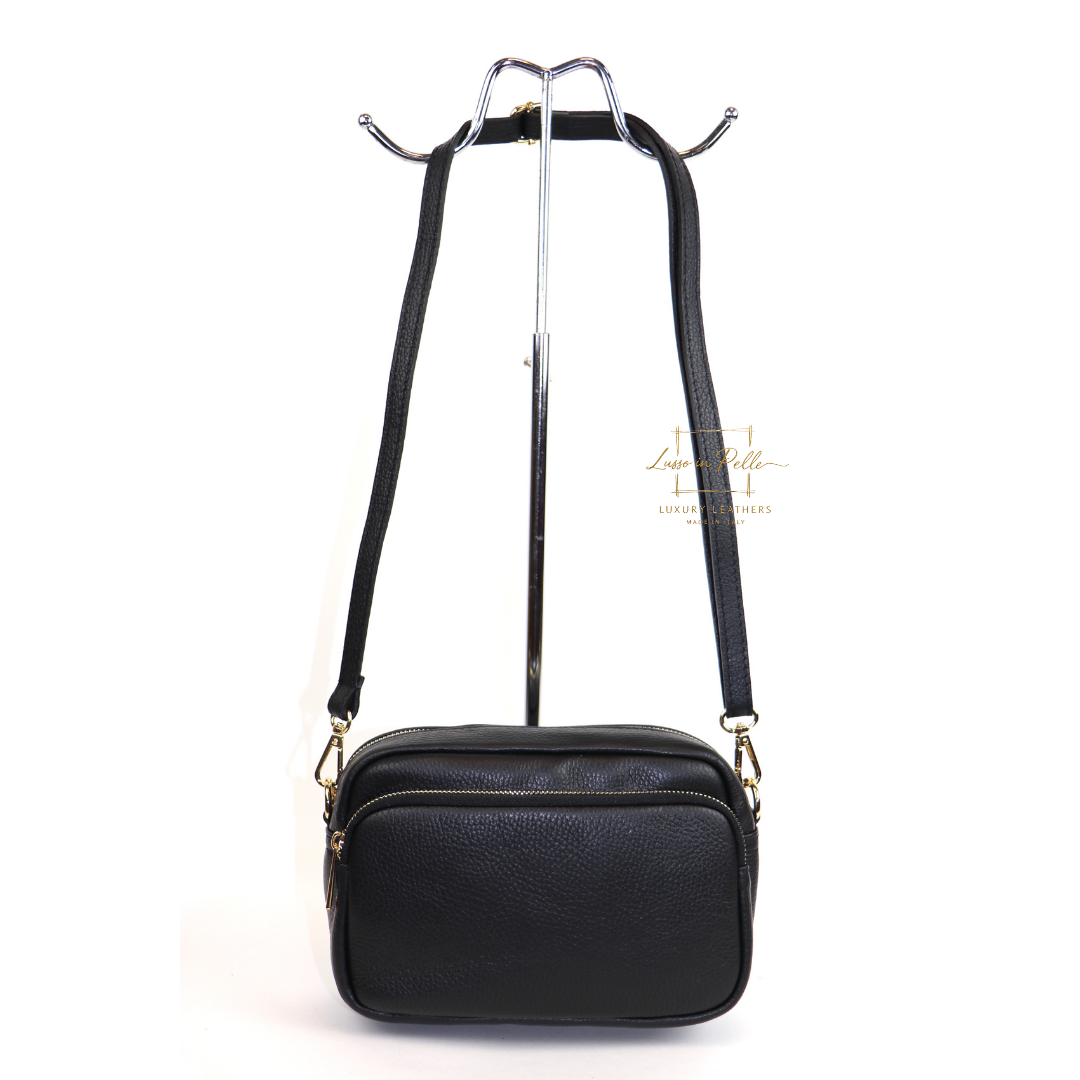 Double Zip Genuine Italian Leather Handbag - Lussoinpelle Black Crossbody bags