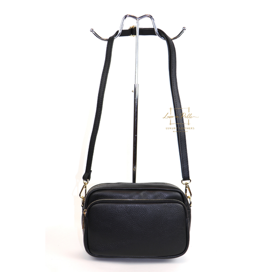 Double Zip Genuine Italian Leather Handbag - Lussoinpelle Black Crossbody bags