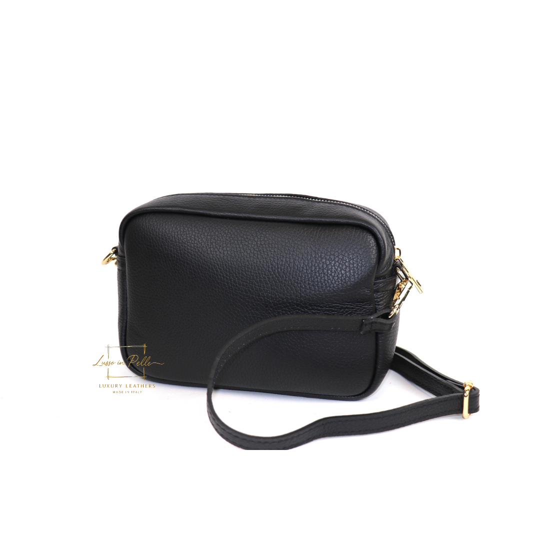 Double Zip Genuine Italian Leather Handbag - Lussoinpelle Black Crossbody bags