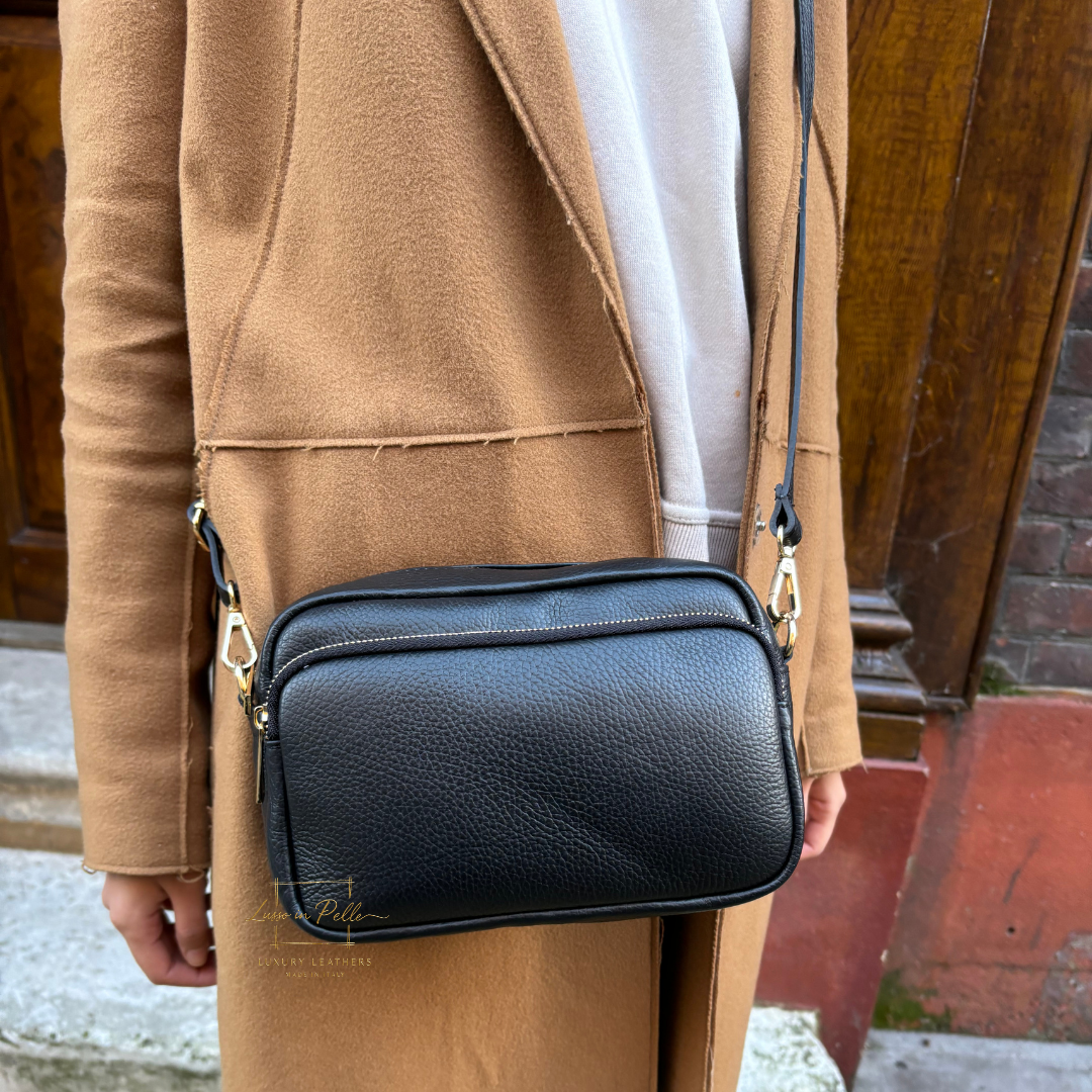 Double Zip Genuine Italian Leather Handbag - Lussoinpelle Black Crossbody bags