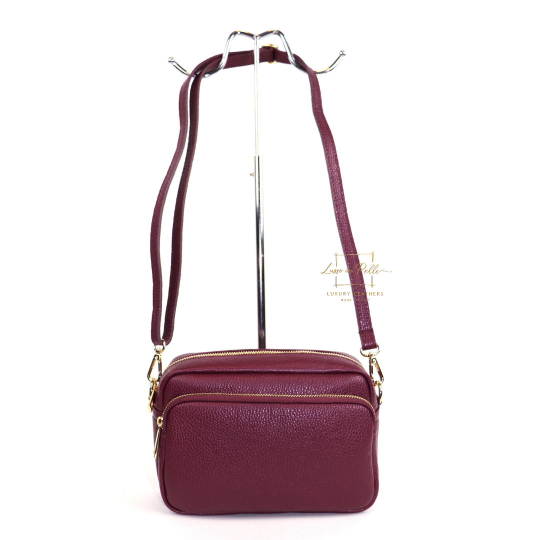 Double Zip Genuine Italian Leather Handbag - Lussoinpelle Burgundy Crossbody bags