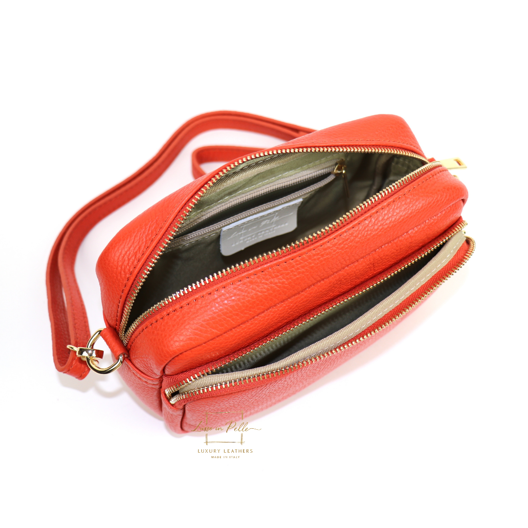 Double Zip Genuine Italian Leather Handbag - Lussoinpelle Burnt orange Crossbody bags