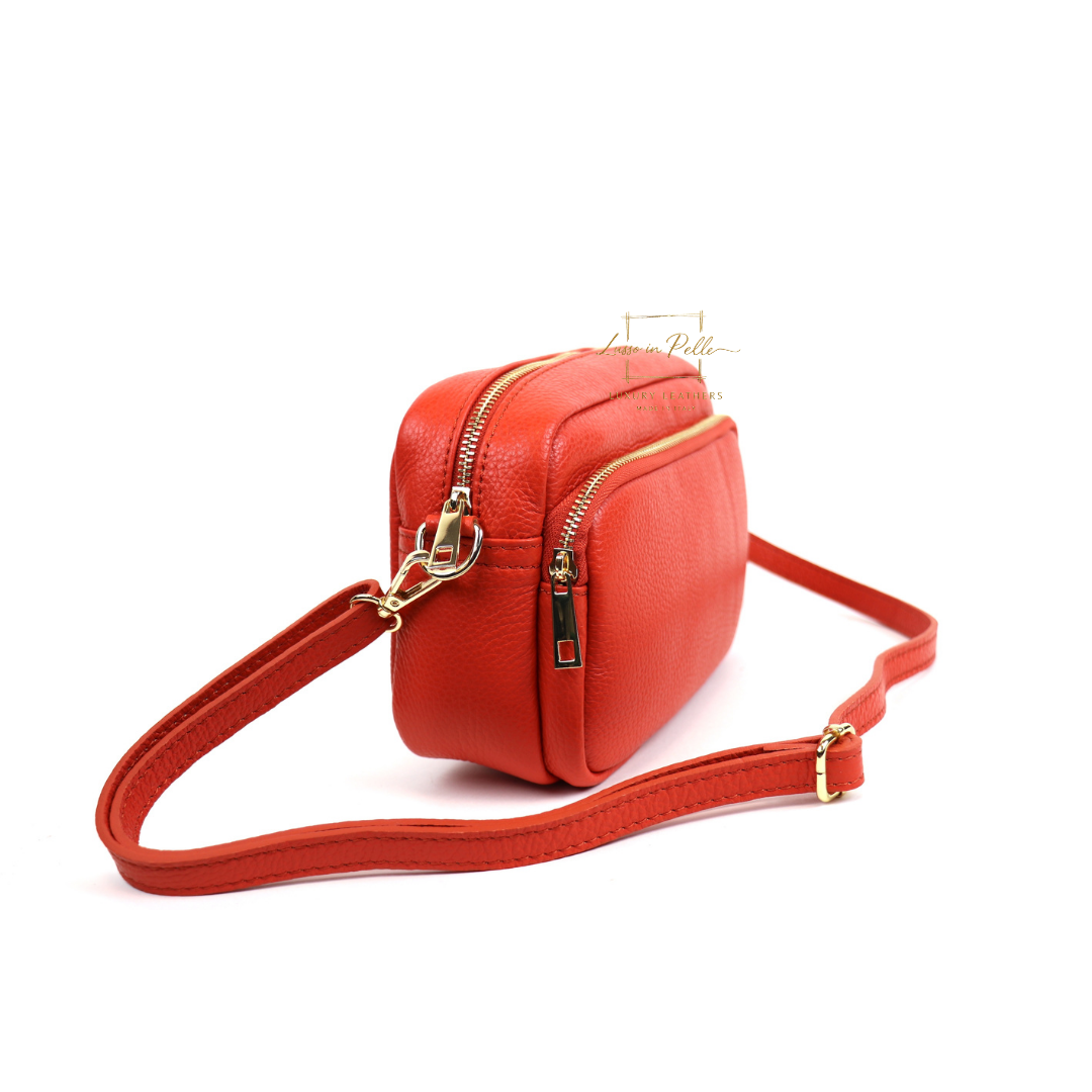 Double Zip Genuine Italian Leather Handbag - Lussoinpelle Burnt orange Crossbody bags