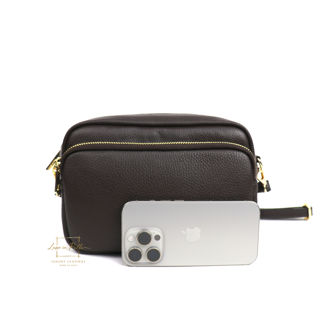 Double Zip Genuine Italian Leather Handbag - Lussoinpelle Chocolate Crossbody bags