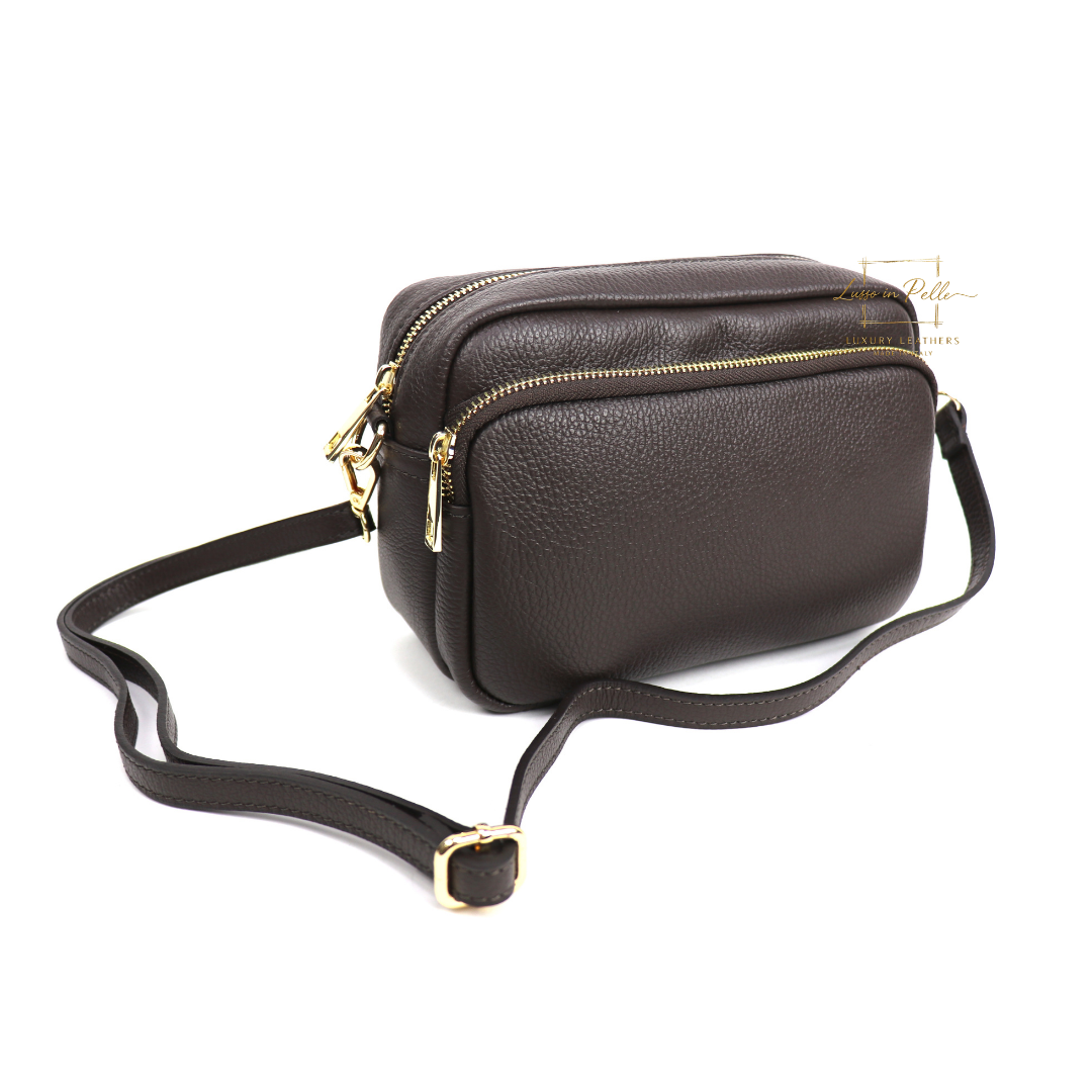 Double Zip Genuine Italian Leather Handbag - Lussoinpelle Chocolate Crossbody bags