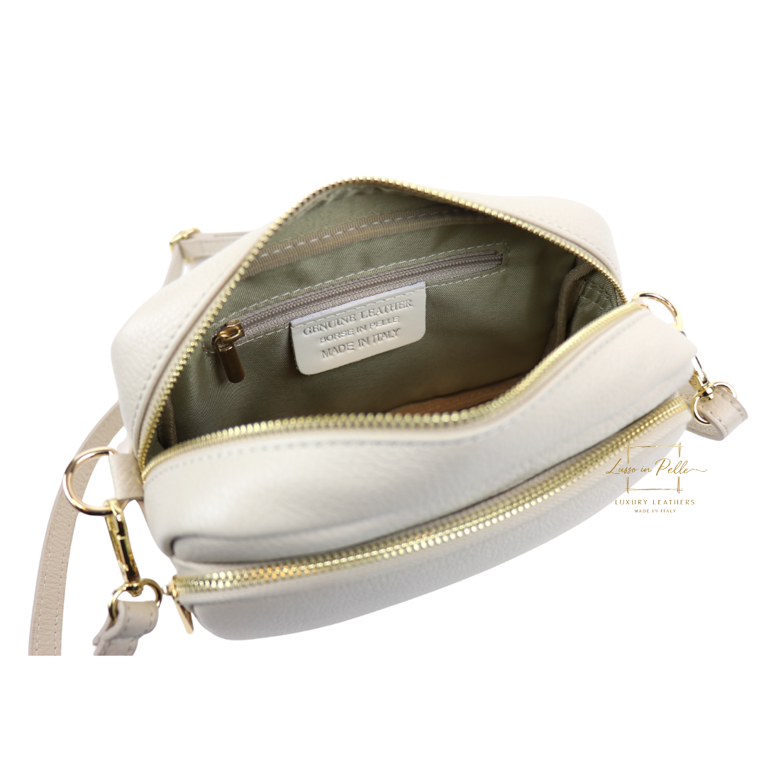 Double Zip Genuine Italian Leather Handbag - Lussoinpelle Cream Crossbody bags