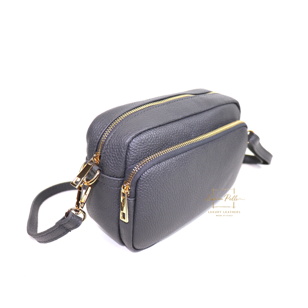 Double Zip Genuine Italian Leather Handbag - Lussoinpelle Dark gray Crossbody bags