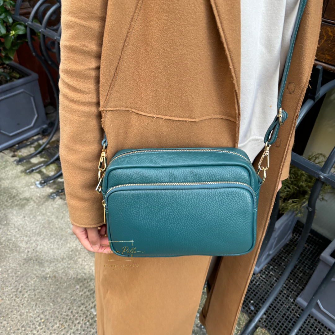 Double Zip Genuine Italian Leather Handbag - Lussoinpelle Dark teal Crossbody bags