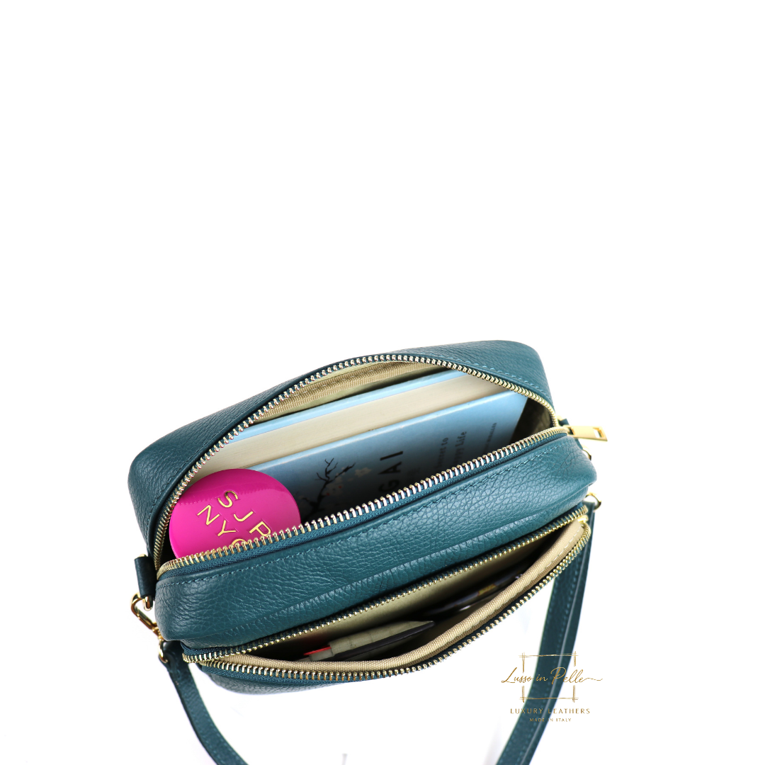 Double Zip Genuine Italian Leather Handbag - Lussoinpelle Dark teal Crossbody bags
