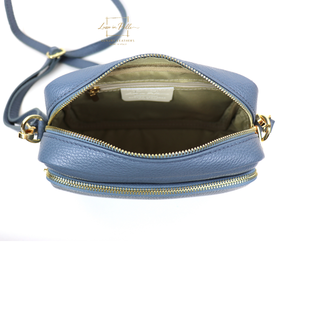 Double Zip Genuine Italian Leather Handbag - Lussoinpelle Denim Crossbody bags
