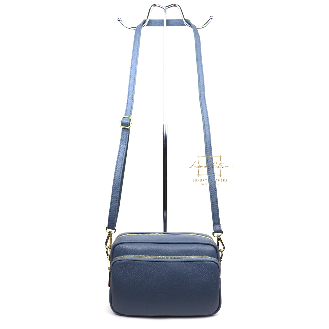 Double Zip Genuine Italian Leather Handbag - Lussoinpelle Denim Crossbody bags